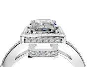 Halo Engagement Ring Setting for Emerald Cut Center with Metal-Rimmed Halo, Pave Band and Prong Head in White Gold