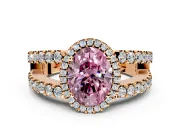 Halo Engagement Ring Setting for Fancy Pink Oval Center with Wide-Open Pave Split Shank and Prong Head in Rose Gold