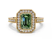 Halo Engagement Ring Setting for Fancy Green Emerald Cut Center with Milgrain Halo, Pave Band and Prong Head in Yellow Gold