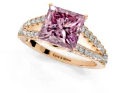 Solitaire Engagement Ring Setting for Fancy Pink Princess Cut Center with Pave Split Shank and Prong Head in Rose Gold