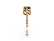Cathedral Engagement Ring Setting for Fancy Green Cushion Cut Center with Antique-Style Pave Band and Prong Head in Rose Gold