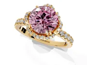 Halo Engagement Ring Setting for Fancy Pink Round Cut Center with Openwork Halo, Pave Band and Prong Head in Yellow Gold