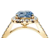 Halo Engagement Ring Setting for Fancy Blue Cushion Cut Center with Narrowing Pave Band and Prong Head in Yellow Gold
