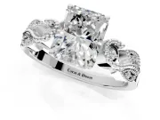 Leaf Engagement Ring Setting for Radiant Cut Center with Milgrain Accent Band and Prong Head in Sterling Silver