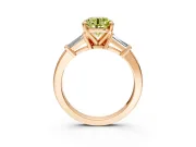 3 Stone Engagement Ring Setting for Fancy Yellow Round Cut Center with Channel Baguette Accents and Prong Head in Rose Gold