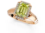 Halo Engagement Ring Setting for Fancy Yellow Emerald Cut Center with Knife Ridge Cathedral Band and Prong Head in Rose Gold