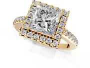 Pave Halo Engagement Ring Setting for Princess Cut Center with Single Row Pave Band and Prong Head in Yellow Gold