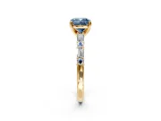 Baguette Engagement Ring Setting for Fancy Blue Cushion Cut Center with Alternating Bar-Set Band and Prong Head in Yellow Gold