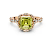 Halo Engagement Ring Setting for Fancy Yellow Asscher Cut Center with Openwork Halo, Pave Band and Prong Head in Rose Gold