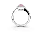Milgrain Halo Engagement Ring Setting for Fancy Pink Emerald Cut Center with Three-Sided Pave Band and Prong Head in Sterling Silver