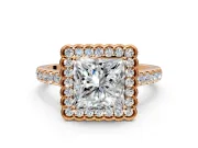 Milgrain Floral Halo Engagement Ring Setting for Princess Cut Center with Pave Band and Prong Head in Rose Gold