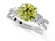 3 Stone Engagement Ring Setting for Fancy Yellow Round Cut Center with Pave Split Shank and Prong Head in White Gold