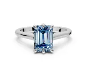 Solitaire Engagement Ring Setting for Fancy Blue Emerald Cut Center with Cathedral Band and Prong Head in White Gold