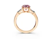 3 Stone Engagement Ring Setting for Fancy Pink Round Cut Center with Baguette Accents and Prong Head in Rose Gold