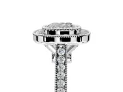 Halo Engagement Ring Setting for Cushion Cut Center with Milgrain Frame, Pave Band and Prong Head in Platinum