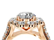 Large Accent Halo Engagement Ring Setting for Round Cut Center with Pave Split Shank and Prong Head in Rose Gold