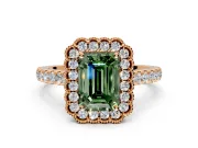 Milgrain Floral Halo Engagement Ring Setting for Fancy Green Emerald Cut Center with Pave Band and Prong Head in Rose Gold