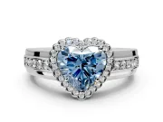Halo Engagement Ring Setting for Fancy Blue Heart-Shaped Center with Wide Band, Inlaid Accent Row and Prong Head in White Gold
