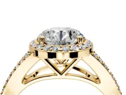 Halo Engagement Ring Setting for Round Cut Center with Pave Split Shank and Prong Head in Yellow Gold