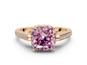 Cathedral Engagement Ring Setting for Fancy Pink Cushion Cut Center with Antique-Style Pave Band and Prong Head in Rose Gold