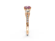 3 Stone Engagement Ring Setting for Fancy Pink Cushion Cut Center with Crossover Basket, Pave Band and Prong Head in Rose Gold