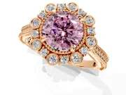 Milgrain Halo Engagement Ring Setting for Fancy Pink Round Cut Center with Bezel Point Accents and Prong Head in Rose Gold