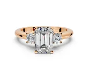 3 Stone Engagement Ring Setting for Emerald Cut Center with Wide Plain Band and Prong Head in Rose Gold