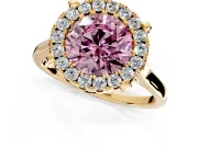 Single Halo Engagement Ring Setting for Fancy Pink Round Cut Center with Corner Claws, Plain Band and Prong Head in Yellow Gold