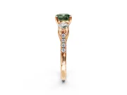 3 Stone Engagement Ring Setting for Fancy Green Cushion Cut Center with Crossover Basket, Pave Band and Prong Head in Rose Gold