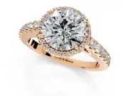 Halo Engagement Ring Setting for Round Cut Center with Full Pave Band and Prong Head in Rose Gold