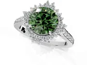 Sunburst Halo Engagement Ring Setting for Fancy Green Round Cut Center with Pave Band and Prong Head in White Gold
