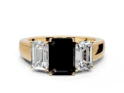 3 Stone Engagement Ring Setting for Fancy Black Emerald Cut Center with Raised Basket Heads and Prong Head in Yellow Gold