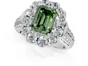 Large Accent Halo Engagement Ring Setting for Fancy Green Emerald Cut Center with Pave Split Shank and Prong Head in Platinum