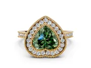 Halo Engagement Ring Setting for Fancy Green Heart-Shaped Center with Milgrain Frame, Pave Band and Prong Head in Yellow Gold