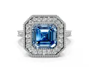 Halo Engagement Ring Setting for Fancy Blue Asscher Cut Center with Milgrain Frame, Pave Band and Prong Head in Sterling Silver