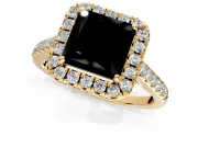 Halo Engagement Ring Setting for Fancy Black Princess Cut Center with Narrowing Pave Band and Prong Head in Yellow Gold
