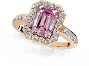 Halo Engagement Ring Setting for Fancy Pink Emerald Cut Center with Heart-Shaped Openwork, Pave Band and Prong Head in Rose Gold