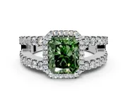 Halo Engagement Ring Setting for Fancy Green Radiant Cut Center with Wide-Open Pave Split Shank and Prong Head in Sterling Silver