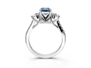 3 Stone Engagement Ring Setting for Fancy Blue Emerald Cut Center with Crossover Basket, Pave Band and Prong Head in White Gold