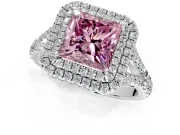 Double Halo Engagement Ring Setting for Fancy Pink Princess Cut Center with Narrow Pave Split Shank and Prong Head in White Gold