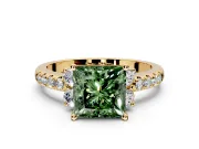 Paired Accent Engagement Ring Setting for Fancy Green Princess Cut Center with Pave Band and Prong Head in Yellow Gold
