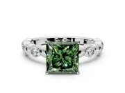 Solitaire Engagement Ring Setting for Fancy Green Princess Cut Center with Beaded Bezel Station Band and Prong Head in White Gold