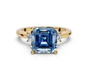 3 Stone Engagement Ring Setting for Fancy Blue Asscher Cut Center with Wide Plain Band and Prong Head in Yellow Gold