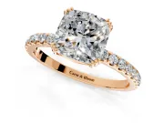 Solitaire Engagement Ring Setting for Cushion Cut Center with Pave Band and Claw Prong Head in Rose Gold