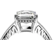 Engraved Engagement Ring Setting for Asscher Cut Center with Milgrain Pave Band and Prong Head in Platinum