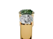3 Stone Engagement Ring Setting for Fancy Green Cushion Cut Center with Raised Basket Heads and Prong Head in Yellow Gold