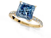 Solitaire Engagement Ring Setting for Fancy Blue Princess Cut Center with Fine Pave Accents and Prong Head in Yellow Gold