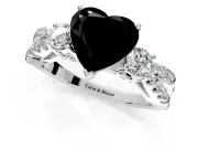 3 Stone Engagement Ring Setting for Fancy Black Heart-Shaped Center with Pave Split Shank and Prong Head in White Gold