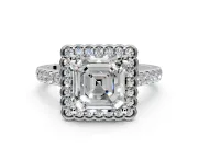 Milgrain Floral Halo Engagement Ring Setting for Asscher Cut Center with Pave Band and Prong Head in White Gold
