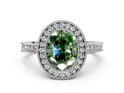 Halo Engagement Ring Setting for Fancy Green Oval Center with Milgrain Halo, Pave Band and Prong Head in White Gold